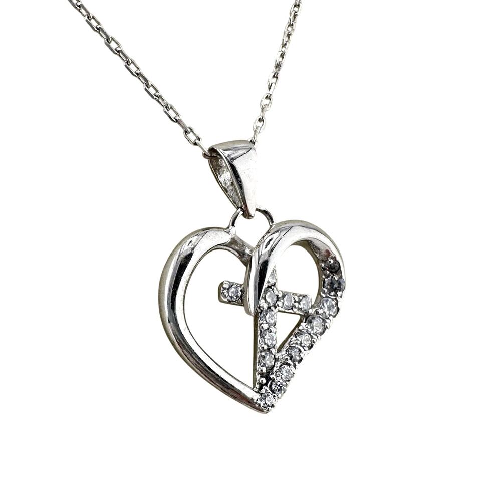 925 Sterling Silver CZ Cross Crucifix Christian Heart Love Faith 17” Necklace